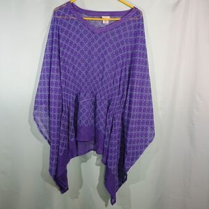 Women's Purple Boho Tunic Top Flowy Poncho Style V Neck Blouse
